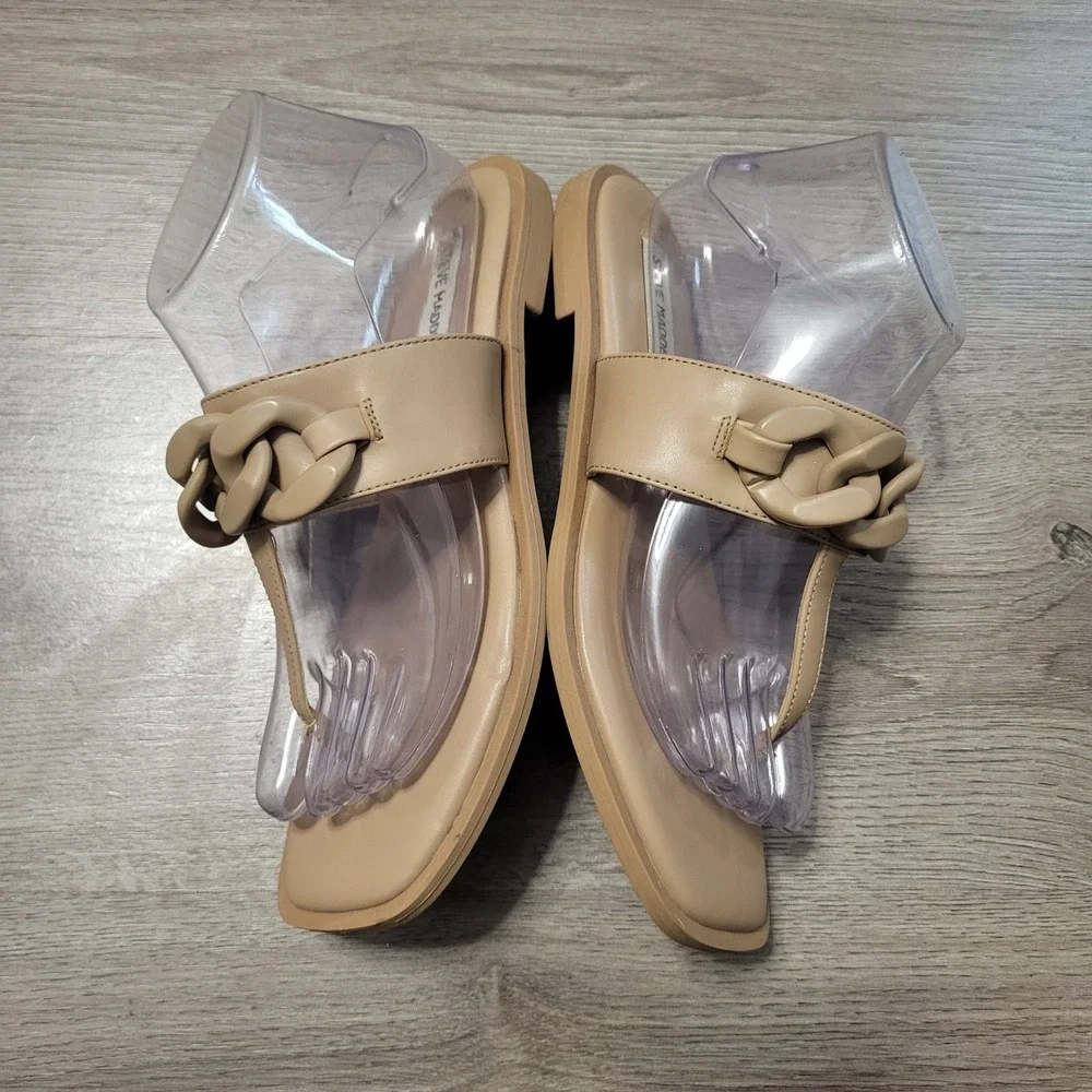 Steve Madden Ariellah Tan Chain Link Square Toe Thong Sandals Womens 8.5 Nude